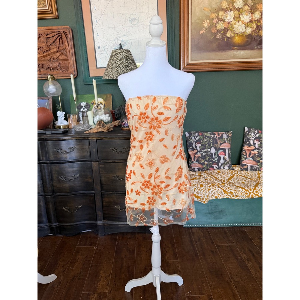 Orange Floral Sequin Beaded Mesh Strapless Tube Micro Dress /Top Cream Lining
